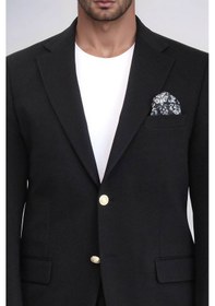 Resim Siyah Kendinden Desenli Örme Altın Renk Metal Düğmeli Slim Fit Erkek Blazer Ceket - Wessi Black 