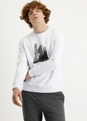 Resim Beyaz Bisiklet Yaka Baskılı Pamuklu Sweatshirt Kigili