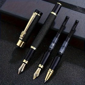Resim Şık 3 parçalı kalem seti, ergonomik metal kalem, çıkarılabilir kapak ve orta uçlu, hat sanatı ve ofis uygulamaları için ideal, hediye kutusunda paketlenmiştir. 