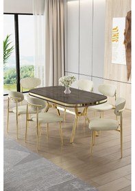 Resim Canisa Olya Serisi 90x168 Lak Panel Antrasit İroni Masa Takımı Gold Ayaklı 6 Krem Sandalye Antrasit İroni Masa Krem Sandalye 