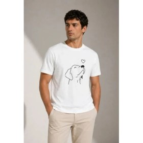 Resim Marsilyan Erkek Köpek Figürlü Minimal Baskılı Tişört Kısa Kol Yazlık T-Shirt - Beyaz 