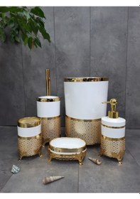 Resim Avangard Krem Üzeri Gold İşlemeli 5'li Banyo Seti Krem 