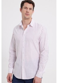 Resim Tudors Erkek Slim Fit Dar Kesim Uzun Kollu %100 Pamuk Keten Doku Çizgili Gömlek-42650 Beyaz 