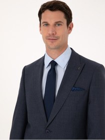 Resim Cacharel Lacivert Slim Fit Yün Karışımlı Mikro Desen Kırlangıç Yaka Takım Elbise 
