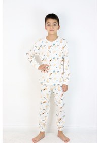 Resim Harika Kids Erkek Çocuk Baskılı İnterlok Kumaş Uzun Kollu Pijama Takımı Beyaz - Gri 