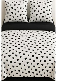Resim More Home Çift Kişilik Yorgan Kılıfı + Yastık Kılıfı Kalpli Siyah Kombinli Siyah Beyaz 