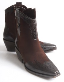 Resim Solo Bag Paslanmaz Çelik Detaylı Hakiki Süet Deri Nakış Detaylı Şık Kısa Kovboy Kahverengi Çizme 