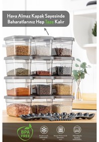 Resim 12'li Sızdırmaz Kapaklı Kaşıklı Baharatlık Seti - Etiketli Baharat Saklama Kabı - 12 X 580 Ml Gri 