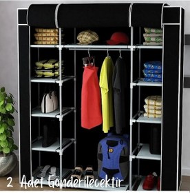 Resim Holtech Çift Yandan Raflı Plastik Profilli Bez Dolap Kumaş Gardırop 2 Adet Tema Istanbul Siyah 