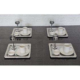 Resim 6 Adet Kahve & Çay & Sunum Tepsisi Gümüş Tepsi Döküm Gümüş Çerçeveli Gümüş 