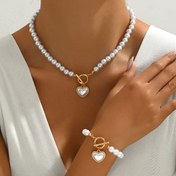 Resim Kolye + Bileklik Şık Takı Seti Trendy OT Toka + Kalp + Yapay İnci Tasarımı Günlük Kıyafetlerle Eşleştirin Parti Aksesuarları 