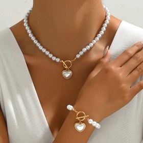 Resim Kolye + Bileklik Şık Takı Seti Trendy OT Toka + Kalp + Yapay İnci Tasarımı Günlük Kıyafetlerle Eşleştirin Parti Aksesuarları 