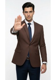 Resim Plus Scorpion Erkek Blazer Ceket Twill Dokuma Likralı Notch Yaka 1 Düğmeli Çift Yırtmaçlı Slim Fit Kahverengi 