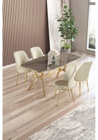 Resim Canisa Lena Serisi 90x160 Lak Panel Antrasit İroni Gold Kaplama Ayaklı Masa Takımı Ve 4 Krem Sandalye Antrasit İroni Masa Krem Sandalye 