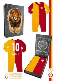 Resim Galatasaray Lisanslı Uzun Kol İsme Özel Bebek Tulum Aslan Baskılı Ahşap Kutulu Sarı - Kırmızı 