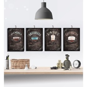 Resim Kahve Çeşitleri Cafe Dekor 4'lü Özel Tasarım 15X21CM Hediyelik Dekoratif 8mm Ahşap Tablo Seti 
