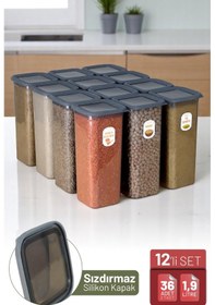 Resim İronika 12'li Sızdırmaz Silikon Kapaklı Etiketli Jumbo Boy 1900 Ml Kare Erzak Bakliyat Saklama Kabı Antrasit Antrasit 