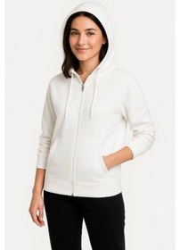 Resim Üç İplik Kapüşonlu Tam Fermuarlı Kanguru Çepli Sweatshirt Hoodie - Beyaz Beyaz 