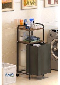 Resim 2 Raflı Frenli Tekerlekli Çamaşır Sepeti Banyo Dolabı Kirli Sepetli Banyo Düzenleyici Çamaşırlık Kahverengi 