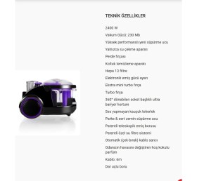 Resim Arnica Bora 2400W Özel Su Filtreleme Teknolojisi Sayesinde Tozları Suya Hapseden Kötü Kokuları Engelleyen Yüksek Performanslı ve Hepa Filtreli Hijyenik Temizlik Robotu Mor Süpürge ET11372 