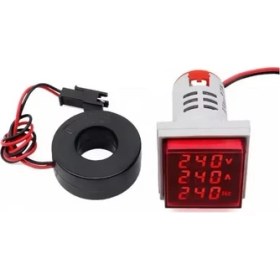 Resim Dijital Voltmetre / Ac Ampermetre / Hertz Metre 22MM Kare Kırmızı (20-500v/0-100a/0-99hz) 