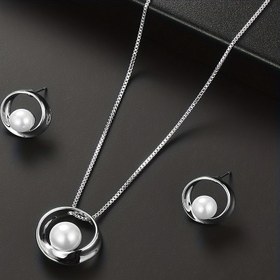 Resim Şık Geometrik Yuvarlak Kadın Kolye ve Küpe Seti, Yapay İmitasyon İnci Pendant Takı Hediyesi, İmitasyon İnci Aksesuarları 