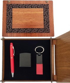 Resim Ahşap Kutulu Kırmızı Kalem Anahtarlık Çakmak Set 