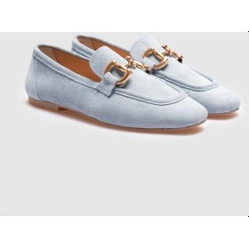 Resim Hakiki Deri Mavi Süet Kadın Loafer - Mavi 