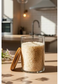 Resim Snippy Melo - 6'lı Bambu Vakum Kapaklı Büyük Boy Cam Saklama Kabı Seti Bakliyat Erzak Kavanozu 1050 Ml Şeffaf 