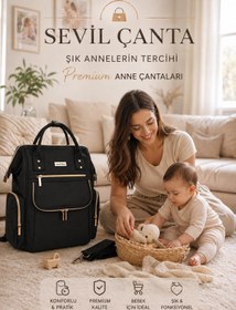 Resim SEVİLÇANTA VENÜS Siyah Gold Aksesuarlı Anne Bebek Bakım Sırt Çantası 