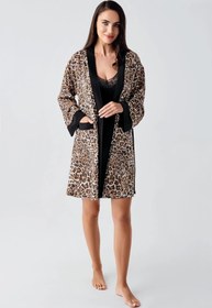 Resim Askılı Dantelli Leopar Desenli Esnek Sabahlık Gecelik Takım 24107 - Leopar / XL 