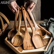 Resim AIUHI 5 adet Ahşap Mutfak Araçları Seti, Yapışmaz Tava için Doğal Spurtle Seti ve Wok Spatulaları 