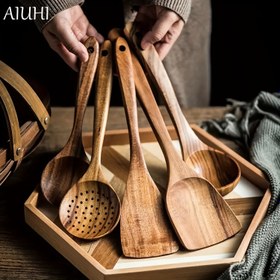 Resim AIUHI 5 adet Ahşap Mutfak Araçları Seti, Yapışmaz Tava için Doğal Spurtle Seti ve Wok Spatulaları 