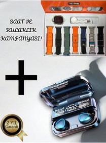 Resim UCUZTEKNO Çift Mikrofonlu Kulaklık + 7 Kordon Hediyeli Aramalı Akıllı Saat 