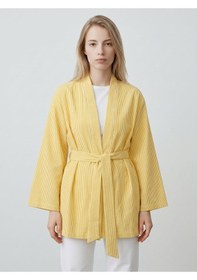 Resim Saade Sââde Kadın Dikey Çizgili Geniş Kollu Şık Yazlık Relaxed Kimono Sarı 