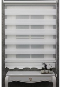 Resim Ekru Beyaz Geniş Pliseli Zebra Stor Güneşlik Perde Eteği Dilimli Alüminmyumkasa Metal Ayak Beyaz 