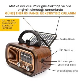Resim Upway Güneş Enerjili Şarjlı Bluetooth USB Sd Stereo Hoparlör Fm Am Sw Retro Nostaljik Radyo 