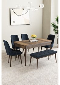 Resim Mabel Barok Desen 80x132 Açılabilir Mdf Masa Yemek Odası Takımı, Mutfak Takımı 4 Sandalye, 1 Bench Antrasit 