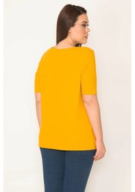 Resim Şans Kadın Hardal Bisiklet Yakalı Kendinden Çizgili Bluz-hardal Hardal 