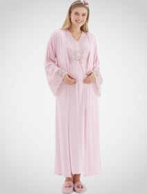 Resim Gecelik ve Sabahlıklı Hamile Takımı/Pamuklu Lohusa Takımı/Kısa Kol Gecelik - 2269 - Pembe / M / Terlik ve Taç İstiyorum +200₺ 
