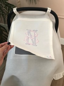 Resim Monogram İşlemeli Keten Puset Örtüsü - Bebek İsim Baş harfleri / Gümüş Sim/Lacivert 