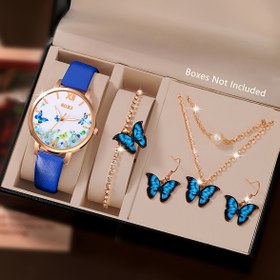 Resim 5 adet muhteşem kadın saati, kelebek desenli kuvars saat ve kelebek kolye, küpe, yüzük, bileklik ve diğer takı seti, kadınlar için parti, festival, doğum günü hediyesi, Anneler Günü için en iyi hediye (kutusuz) 