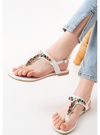 Resim 152-1110 Beyaz Multi Taşlı Parmak Arası Kadın Sandalet Altın - Taba 