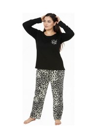 Resim Bravie Üstü Yazılı Altı Leopar Desenli Elite Viscose Uzun Büyük Beden Pijama Takımı Siyah 3588 Siyah 