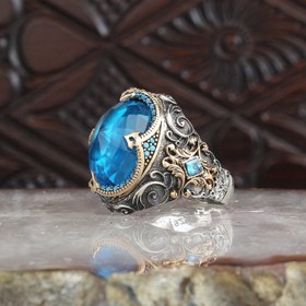 Resim Rölyef Deseni Mavi Topaz Taşlı Gümüş Yüzük - Standart Ölçü 
