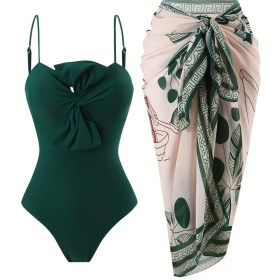 Resim Moda Düz Renkli Büküm Önlü Body Ve Sarma Elbise, Kadın Seksi Mayo Plaj İki Parça Takım. 