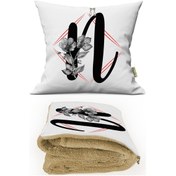 Resim N HARFİ Baskılı Kişiye Özel Opsiyonel Battaniyeli Yastık Kırlent 2 in 1 