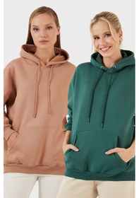 Resim Lela Regular Fit Pamuklu Kapüşonlu Yaka Şardonlu Kışlık 2'Li Paket Bayan Sweat 5863854S2 Nefti-Bisküvi 