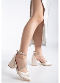 Resim Büyük Numara Baret Taşlı Karnı Yarık Saten Ten Kadın Topuklu Abiye Ayakkabı-2796-ten Ten Rengi 