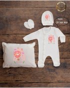 Resim yzc home size dair... K05 Ty Ekru Renk Isme Özel Isimli Baskılı Bebek Yastık Tulum Şapka Eldiven Set Hastane Çıkışı 